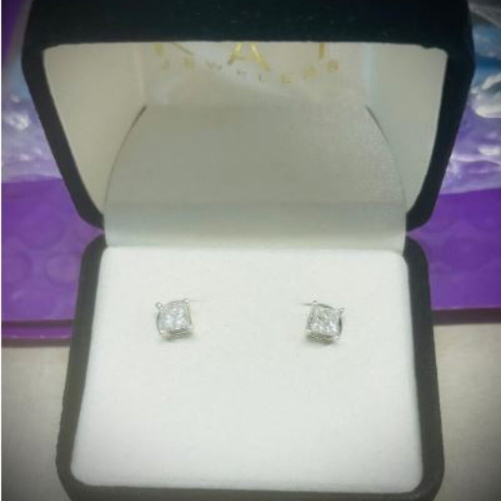 Full Carat White Gold Princess Cut Earrings - Worn Twice!